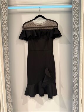 Women's Black Ruffle Midi Dress with Sheer Yoke